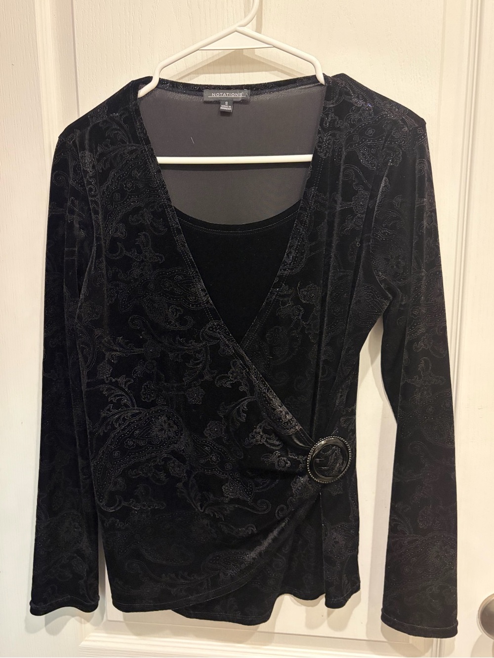 Notations Black Velvet Wrap Top with Decorative Buckle